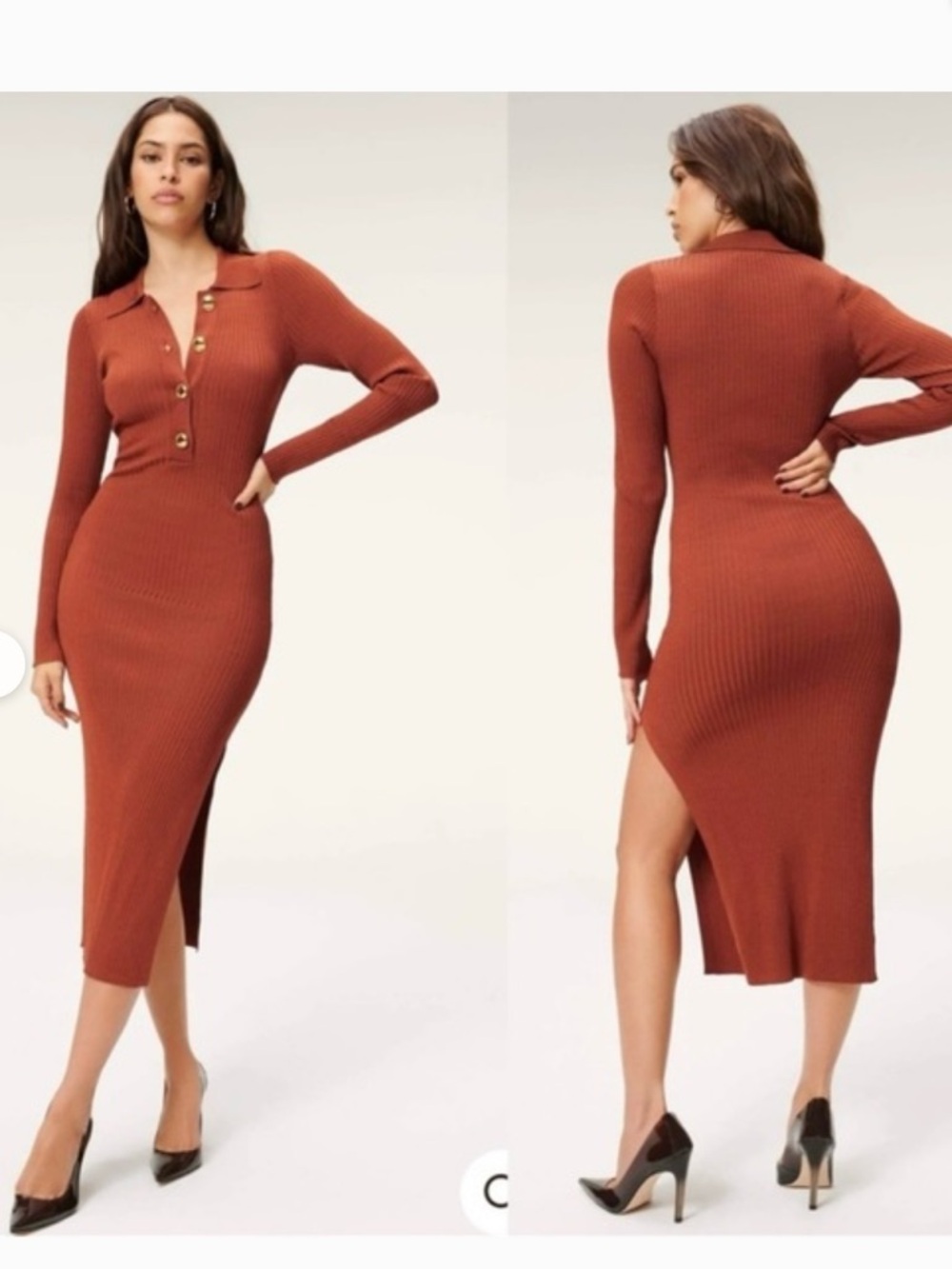 Good American Ribbed Midi Shirt Dress — Brick Tone